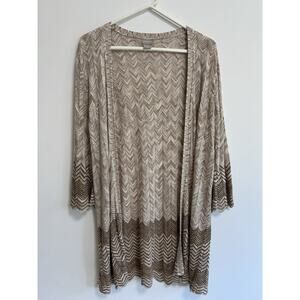 Chicos Zig Zag Sticth Crochet Open Cardigan Size 2 Large Womens Tan Stripe Rayon